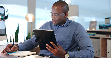 Image showing Businessman, writing and notes on tablet, planning and working on proposal, report and project. Black person, internet and online research for corporate, administration and schedule or agenda on tech