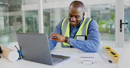 Image showing Laptop, watch and a black man construction worker in an office for planning a building project. Computer, time and a happy young engineer in the workplace for research as a maintenance contractor
