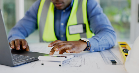 Image showing Hands, laptop and calculator for architecture, blueprint planning blueprint and numbers, math and design safety. Engineering designer, builder or person typing on computer for floor plan ratio check