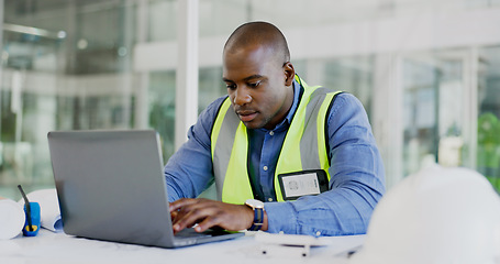 Image showing Man, engineering and laptop for online planning, blueprint report and design update in office project management. African builder, contractor or architecture worker typing on computer for floor plan