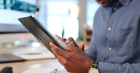 Image showing Businessman, hands and tablet in research, communication or networking for planning at office. Closeup of male person with technology for social media, digital marketing or online search at workplace