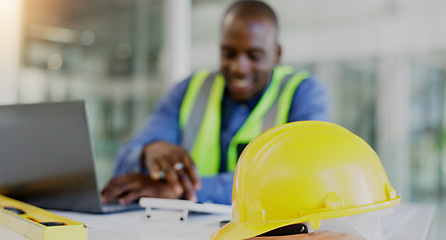 Image showing Man, calculator and helmet for architecture, blueprint planning and happy with ratio, numbers or development in office. Engineering designer, industry worker or person with floor plan tools or safety