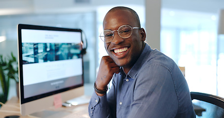 Image showing African man, portrait and computer in office at investing agency with smile for pride, finance or knowledge. Happy trader, excited face and black business owner in workplace, research or stock market