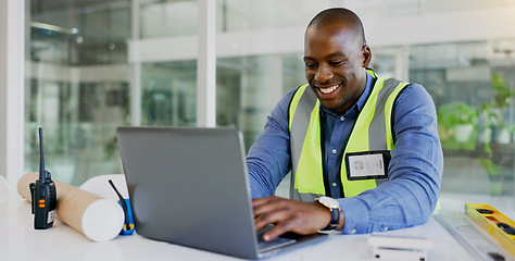 Image showing Laptop, architecture and a black man construction worker in an office for planning a building project. Computer, smile and a happy young engineer in the workplace for research as a contractor