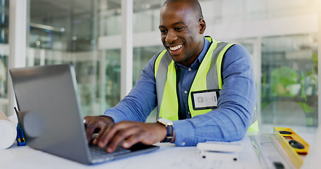 Image showing Laptop, design and a black man construction worker in an office for planning a building project. Computer, smile and a happy young engineer in the workplace for research as a maintenance contractor