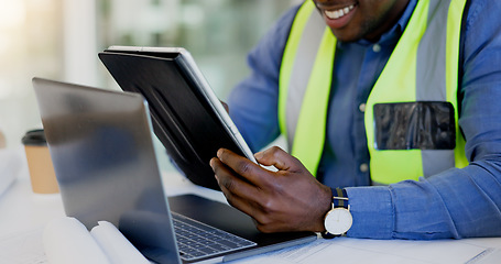 Image showing Tablet, computer and hands for architecture, planning and blueprint development or building update or progress. Happy contractor, man or designer on digital technology for floor plan or engineering