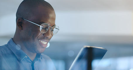 Image showing Reading, tablet and African businessman in the office planning legal project with deadline. Digital technology, glasses and professional male attorney working on a law case in workplace at night.