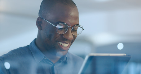 Image showing Reading, tablet and professional black man in the office planning legal project with deadline. Research, digital technology and professional African attorney working on law case in workplace at night