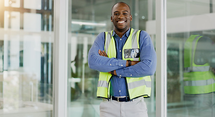 Image showing Black man, and arms crossing with reflector, real estate development and property design or career. Portrait, architecture and engineering professional in office, confident and project management