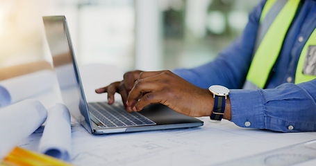 Image showing Hands, laptop and person in construction or architect working on floor plan, contractor and maintenance job. Typing, digital blueprint for architecture project and productivity with design software