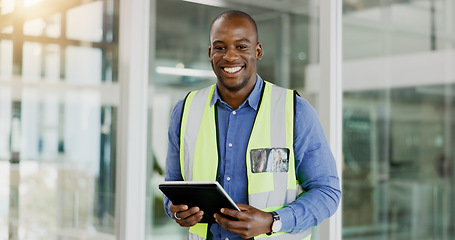 Image showing Black man, architect and tablet with reflector, real estate development and property design or career. Portrait, architecture and engineering professional in office, confident and project management