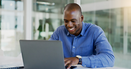 Image showing Computer, business and happy black man in office for finance report, online banking and financial accounting. Corporate, workplace and person on laptop for internet, website and research at desk