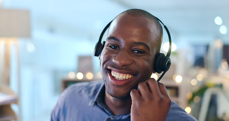 Image showing Happy black man, portrait and call center in customer service, support or telemarketing with headphones at office. Face of African male person, consultant or agent smile in online advice at workplace