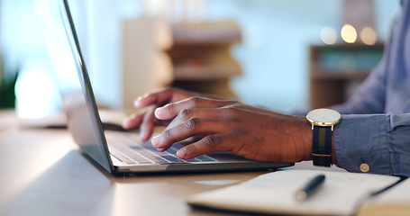 Image showing Businessman, laptop and typing at office for communication, project or online research on table. Closeup of male person or employee working on computer for email, writing or schedule planning on desk