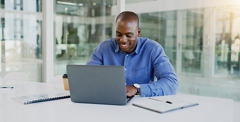 Image showing Business man, laptop and happy in office for finance, budget report and revenue proposal, taxes review or bookkeeping. Professional african worker on computer for online accounting, audit or planning