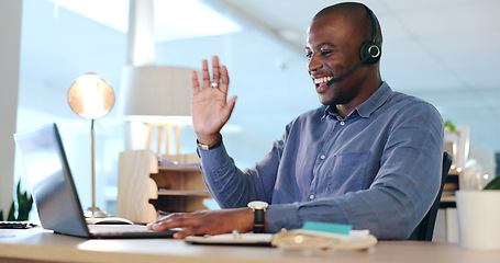 Image showing Happy black man, laptop and wave in video call, virtual or online business meeting at office. African male person, consultant or sales agent smile for hello, communication or networking at workplace