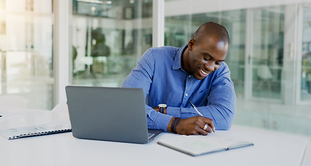 Image showing Business man, writing and planning on computer for financial career notes, information and reminder in office. Professional african accountant on laptop and notebook for happy ideas and brainstorming