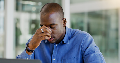 Image showing Businessman, stress and thinking in office, anxiety and burnout for crisis, issue and profession. Black person, frustrated and worry for deadline, mistake and pressure or overwhelmed or overworked