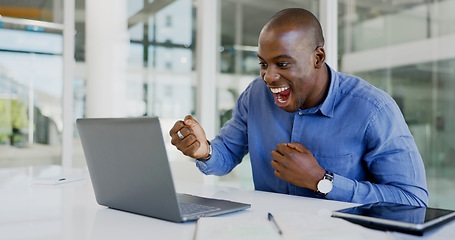 Image showing Business man, winner and computer for success, winning and goals of stock market increase, sales or profit. Professional african trader with yes and wow for email news or trading on laptop in office