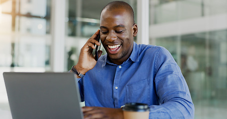 Image showing Happy black man, phone call and laughing for funny joke, conversation or humor at office. African businessman smile, talking or mobile smartphone for fun business discussion or proposal at workplace