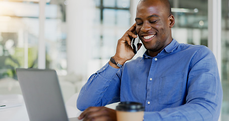 Image showing Happy black man, phone call and laughing for conversation, funny joke or humor at office. African businessman smile, talking or mobile smartphone for fun business discussion or proposal at workplace