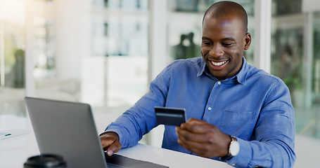 Image showing Business man, credit card and laptop for office online shopping, e commerce payment and happy loan. African employee on computer for web banking, financial investment or registration for debit order