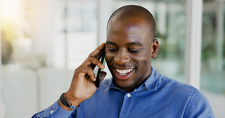 Image showing Happy black man, phone call and laughing for discussion, funny joke or humor at office. African businessman smile, talking or mobile smartphone for fun business conversation or proposal at workplace