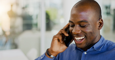 Image showing Man, laughing and phone call with client, communication and office for discussion, chat and networking. Civil engineer, conversation and happiness with project, progress and planning business mockup