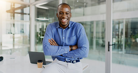 Image showing Portrait, corporate and black man with a smile, arms crossed or accountant with startup, laptopor professional. Worker, employee or career with consultant, entrepreneur or pc in a workplace or funny