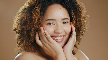 Image showing Happy woman, portrait and skincare in beauty, cosmetics or makeup against a studio background. Face of female person or model smile for dermatology, soft skin or facial spa treatment and grooming