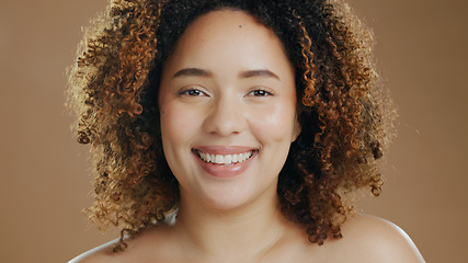 Image showing Portrait of happy woman, natural skincare dermatology or cosmetic wellness in studio with smile. Skin glow, model or confident biracial female person with beauty results or pride on brown background