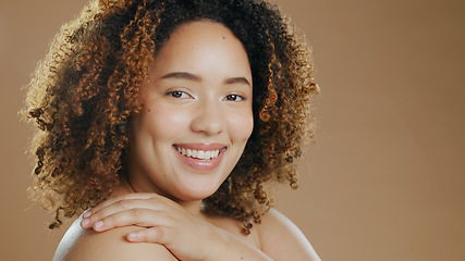 Image showing Portrait of happy woman, skincare or natural beauty for wellness in studio with smile or skin glow. Face, pride or confident biracial female person with dermatology mockup space on brown background