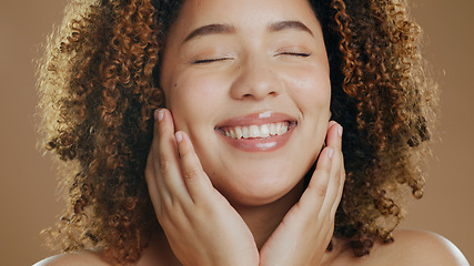 Image showing Face of happy woman, natural or healthy skin for wellness in studio with smile, facial results or glow. Dermatology, relax or confident biracial girl model with skincare cosmetics on brown background