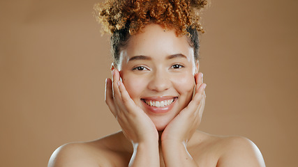 Image showing Woman in portrait, skincare and beauty, happy with natural cosmetics and glow on brown background. Dermatology, wellness for skin and hands touching face with self care and anti aging in studio