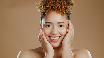 Image showing Woman in portrait, skin and beauty, happy with natural cosmetics and glow on brown background. Dermatology, wellness with skincare and hands touching face with self care and anti aging in studio