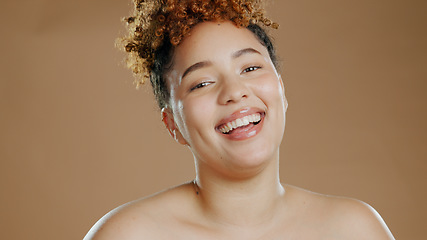 Image showing Face, skincare and beauty of happy woman in studio isolated on a brown background. Portrait, smile of model and natural cosmetics in spa facial treatment, wellness and healthy skin for dermatology