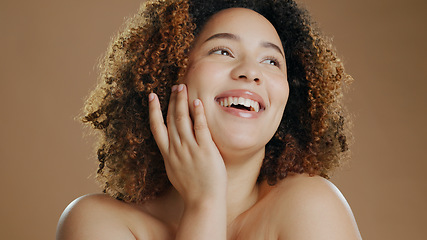 Image showing Happy woman, face and skincare in beauty, makeup or cosmetics against a studio background. Female person or model smile for dermatology, soft skin or facial spa treatment and grooming in happiness