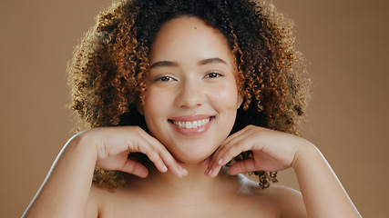 Image showing Happy woman, face and skincare in natural beauty, cosmetics or makeup on studio brown background. Portrait of female person or model smile for dermatology, soft skin or facial treatment and grooming