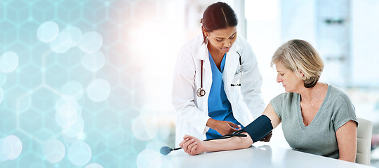 Image showing Healthcare, doctor and patient with blood pressure on banner, bokeh and heart for mock up for medicine. Help, medical professional or exam for consultation, diagnosis or treatment at hospital