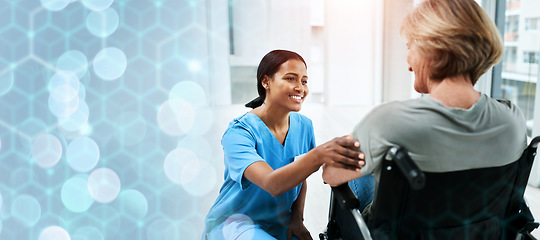 Image showing Patient with disability, nurse and discussion in hospital for healthcare, wellness and medicare. Medical professional, bokeh and overlay in mockup, marketing and advertising for trust in advice