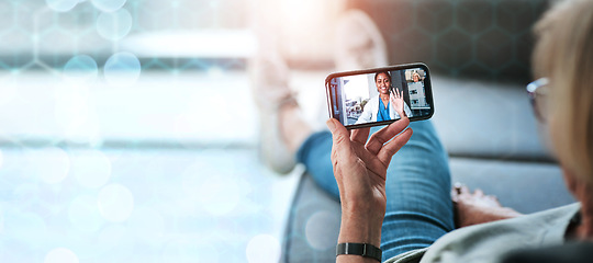 Image showing Phone, wave and video call of doctor on banner for webinar, meeting or bokeh on grid overlay. Mobile, hello and medical professional in online consultation, telehealth or happy woman greeting patient