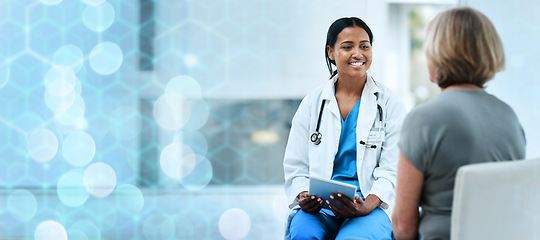 Image showing Mature woman, doctor and patient in hospital, consultation and smile for results, support and care. Medical, healthcare and professional for checkup, friendly and bokeh at clinic, job and wellness