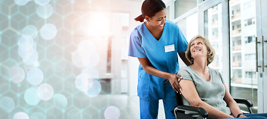 Image showing Mature woman, nurse or person with disability in hospital, patient or smile for help, support or care. Medical, health or professional for checkup, wheelchair or friendly with bokeh, clinic or job