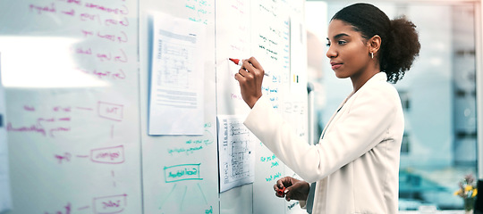 Image showing Business woman, writing and whiteboard in planning, brainstorming or corporate strategy at office. Female person or employee in project plan, ideas or tasks for agenda, schedule or notes at workplace
