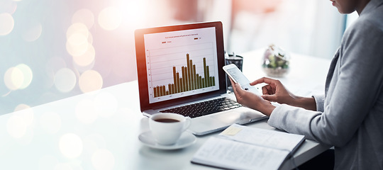 Image showing Closeup, laptop and woman with a smartphone, finance and planning with lens flare, overlay and investment. Person, accountant and employee with pc, screen and cellphone with stock market and trading