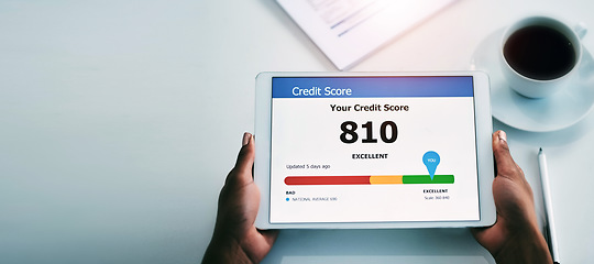 Image showing Person, hands and tablet with good credit score in finance, banking or investment above on mockup at office. Top view of employee with technology screen for budget planning or financial management