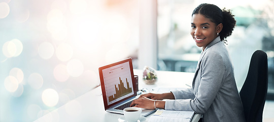 Image showing Portrait, laptop and woman with a smile, finance and website with lens flare, internet and investment. Person, accountant and worker with pc, screen and budget with stock market, charts and graphs