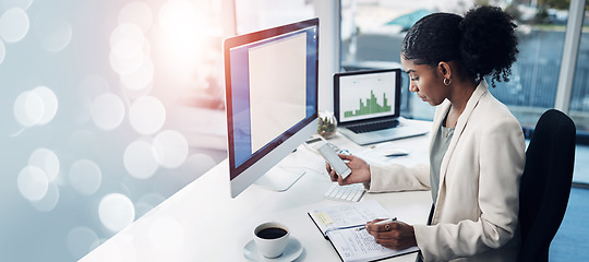 Image showing Computer, banner and woman with a smartphone, finance and planning with lens flare, trading and investment. Person, accountant or consultant with pc, screen and cellphone with stock market and budget