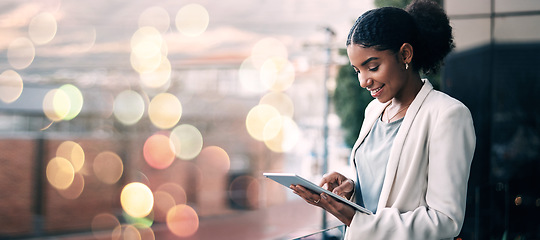 Image showing Tablet, space and double exposure with a business black woman in the office at night for research. Smile, technology and a happy young professional employee on mockup flare for corporate planning