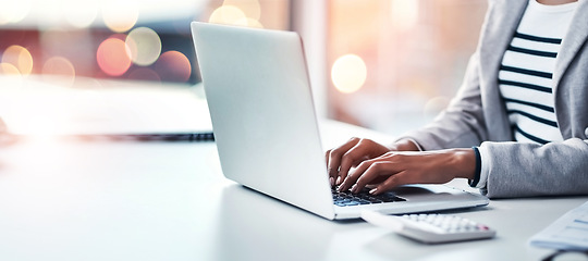 Image showing Hands, laptop and a business woman typing on double exposure space in an office while working on a research report. Computer, mockup and flare with a professional employee closeup at a workplace desk